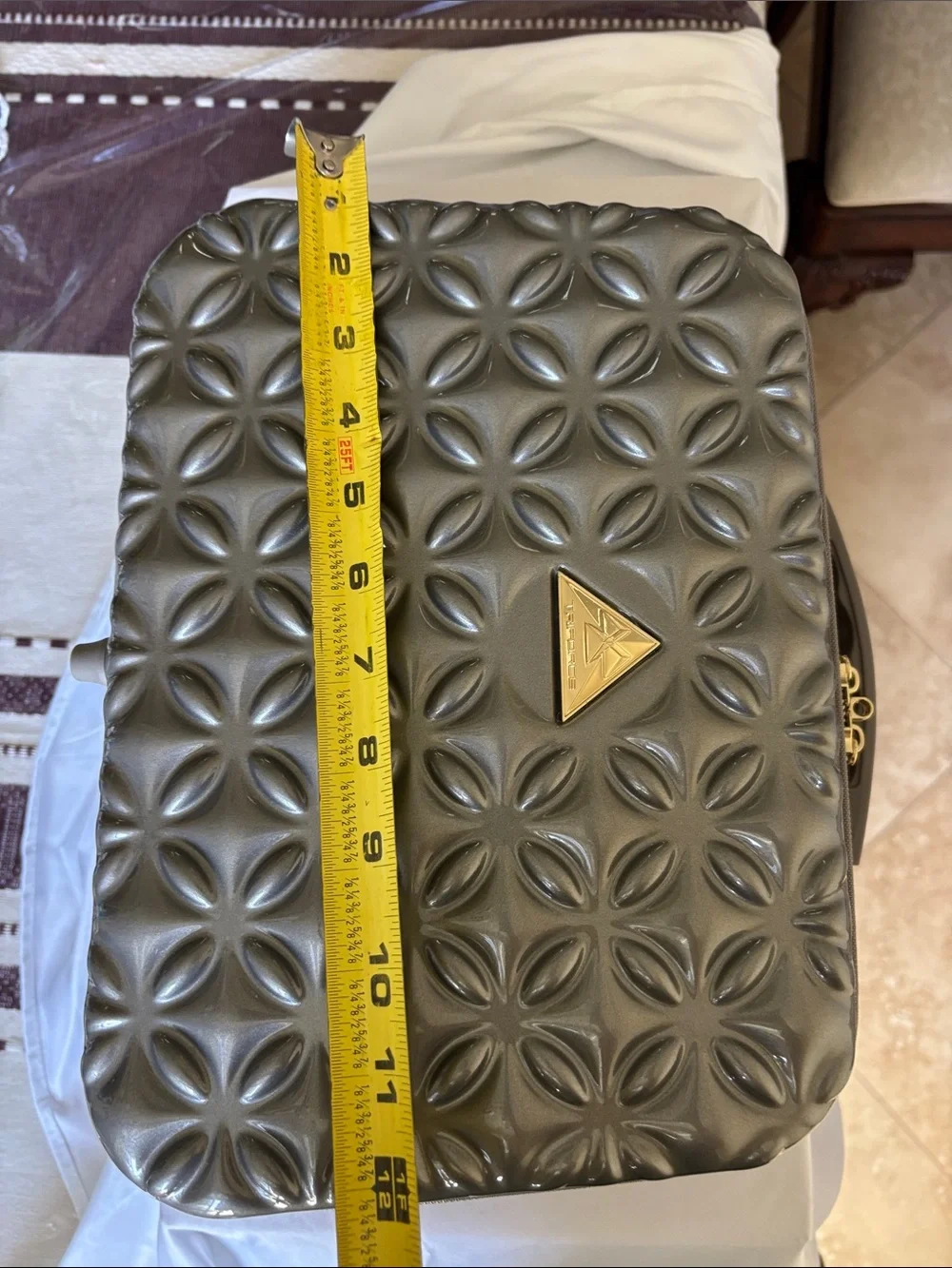 Metallic Gray Quilted Cosmetic Case with Gold Accents